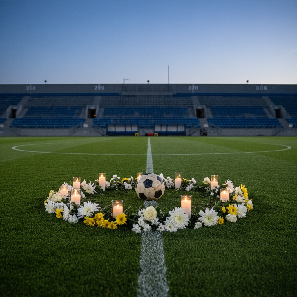 A somber memorial on a soccer field at dusk with flowers and candles, honoring a lost athlete.