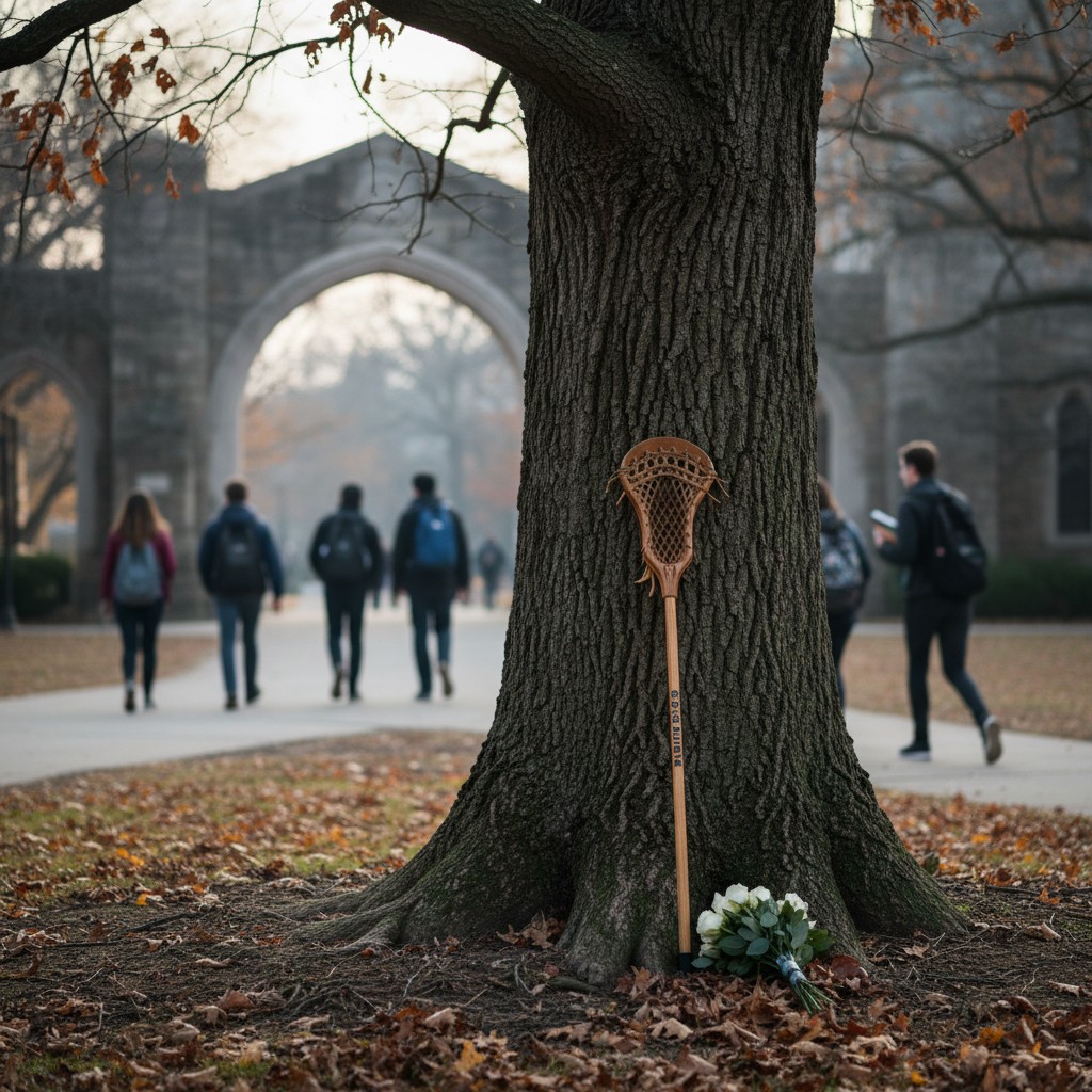 Lacrosse stick leaning against a tree on a university campus, symbolizing remembrance after a tragic loss.
