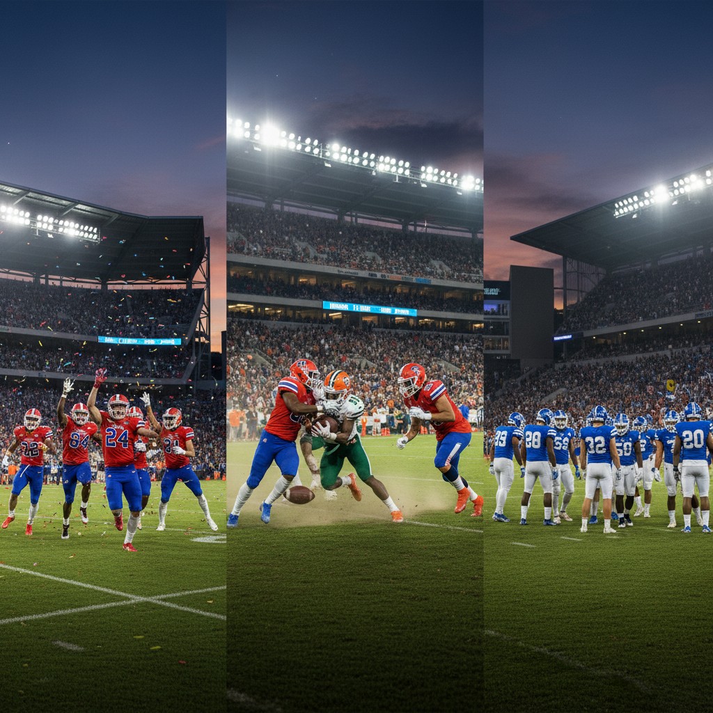 Three NFL stadiums at night, with teams in different colored uniforms on the field, representing the Patriots, Broncos, and Rams vying for playoff spots.
