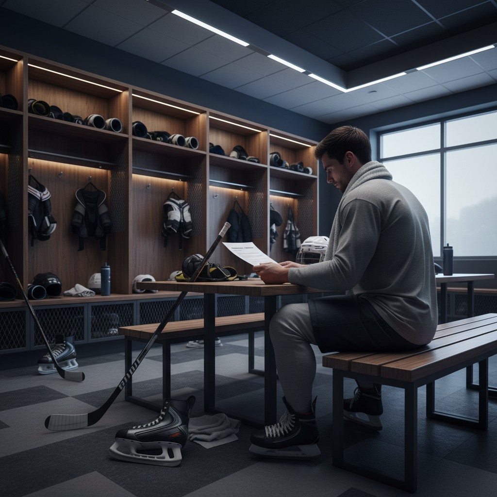 A hockey player carefully reviewing a contract in a locker room, symbolizing the financial considerations of career choices.