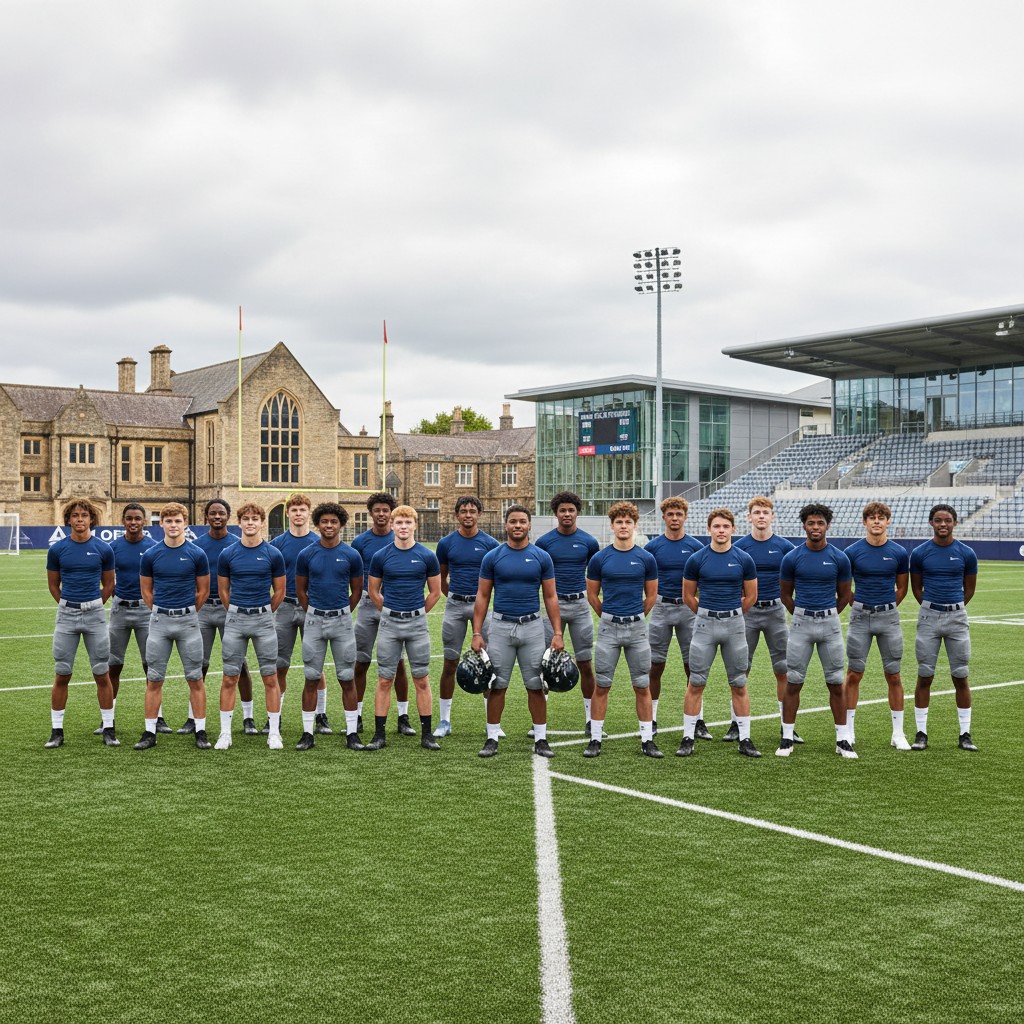 Marietta High School football team practicing at a university sports complex in England before their international game.
