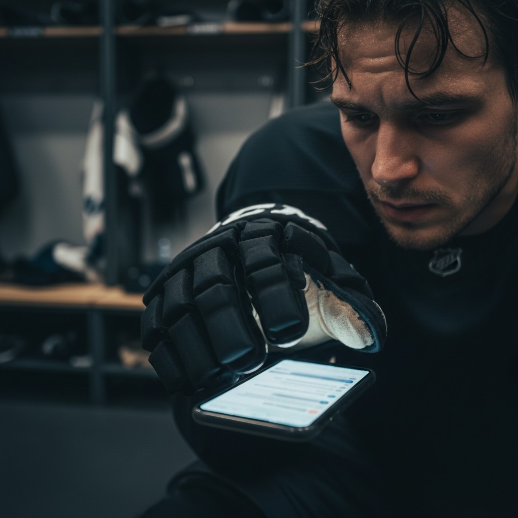 NHL player contemplating social media on a phone, reflecting on the pressures of online fan interaction and negativity.