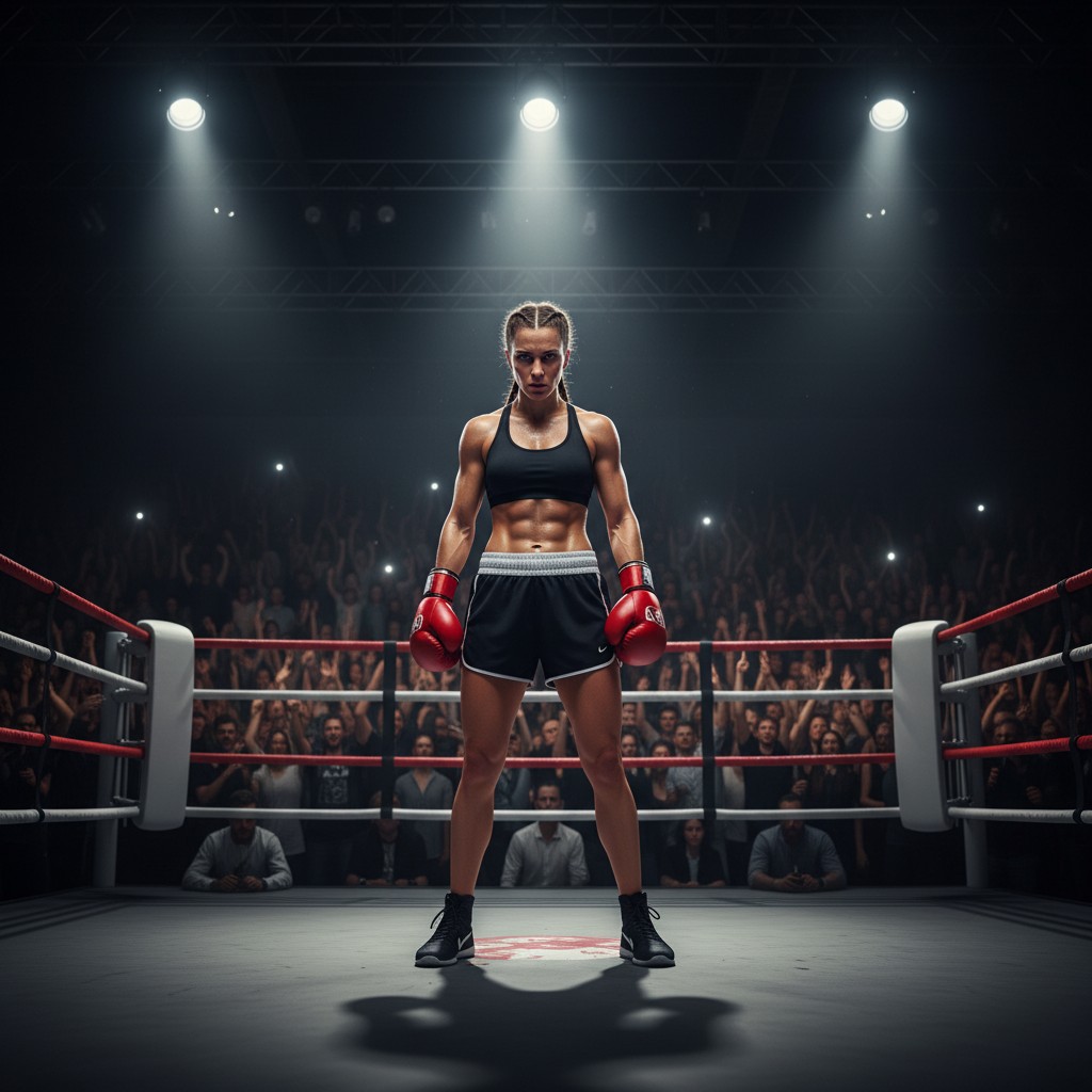 Female boxer in a ring, arms raised in victory, spotlights on her with a blurred, cheering crowd in the background.