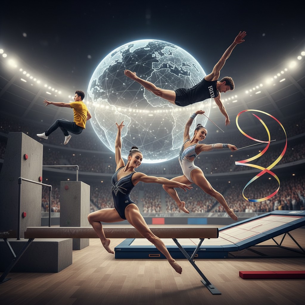 Diverse gymnasts performing in various disciplines, symbolizing the dynamic and global reach of World Gymnastics.