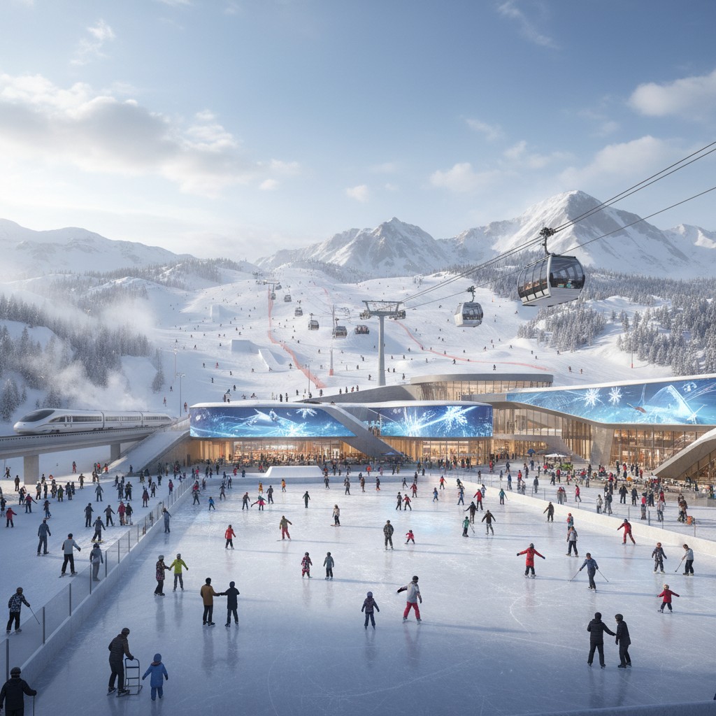 Dynamic scene of China's booming ice and snow economy, featuring skiers, snowboarders, and families enjoying a modern winter sports resort.
