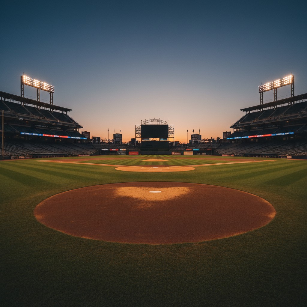 Baseball stadium at dusk, symbolizing active trade discussions for a starting pitcher.