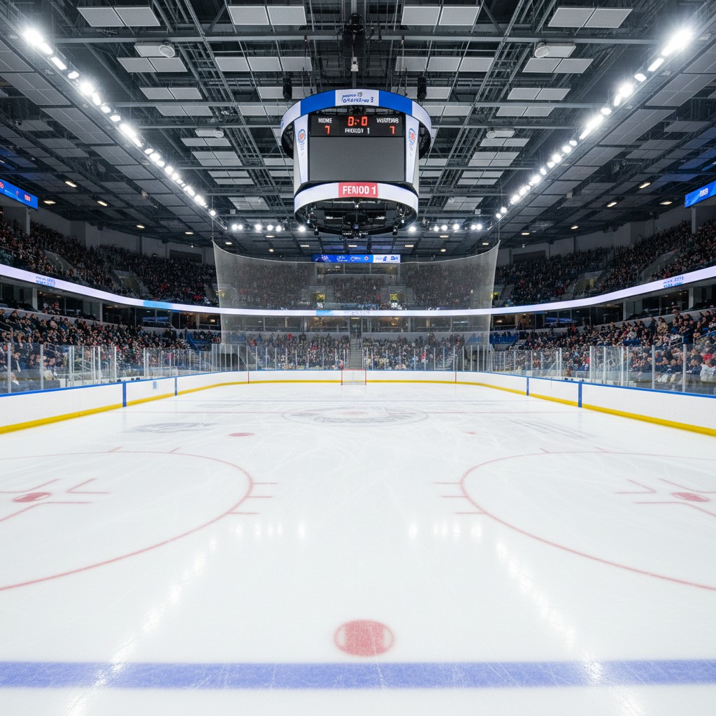 Olympic ice hockey rink with slightly shorter dimensions for the Milano Cortina 2026 Winter Games, ready for international competition.