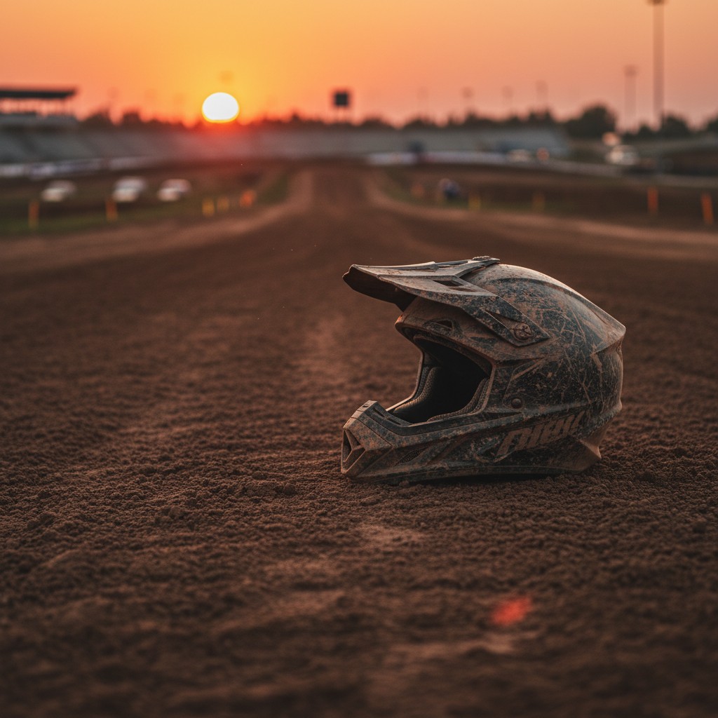 Motocross helmet on a track at sunset, a tribute to a fallen rider.