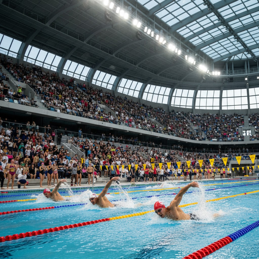 Professional swimmers competing in a vibrant, modern International Swimming League event, showcasing high-energy action.