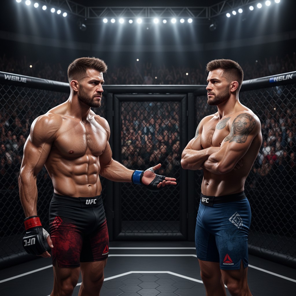 UFC champions facing off in an octagon, one questioning the other, symbolizing a challenge and unaddressed fight.