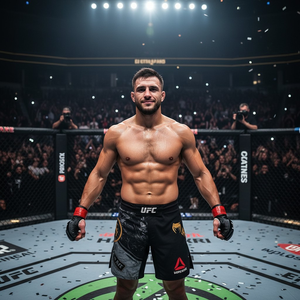 UFC bantamweight fighter in the octagon, celebrating his financial success and rise to prominence.