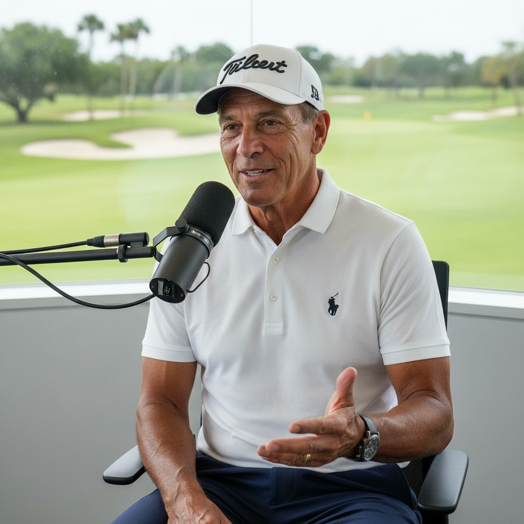 A golf legend in a broadcast booth, smiling and talking into a microphone with a golf course in the background, hinting at a new career path.