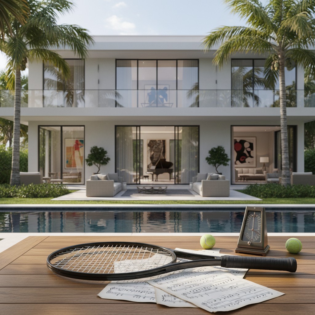 A luxurious Miami mansion symbolizing the combined wealth of a sports and music power couple, with a tennis racket and sheet music in the foreground.