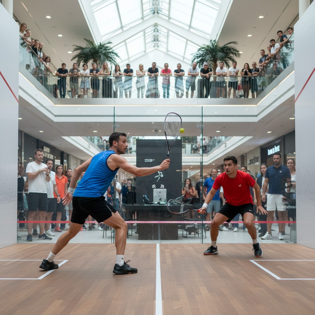 Squash players in intense rally on an all-glass court in a bustling mall, showcasing the fast-paced action of the World Cup opener.