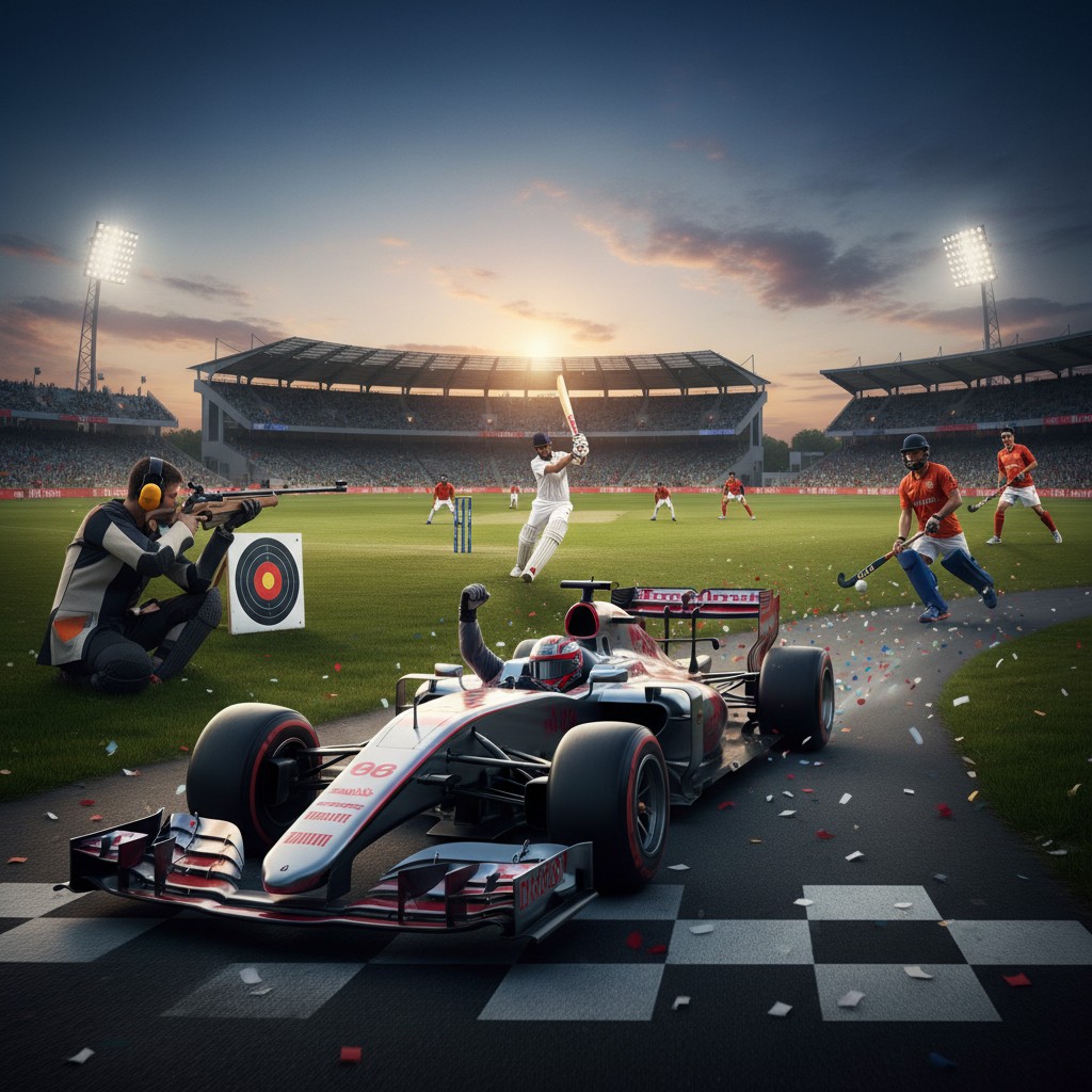 A composite image showing a Formula 1 car winning a race, cricketers on a field, a shooter in action, and a hockey player, symbolizing global sports achievements.