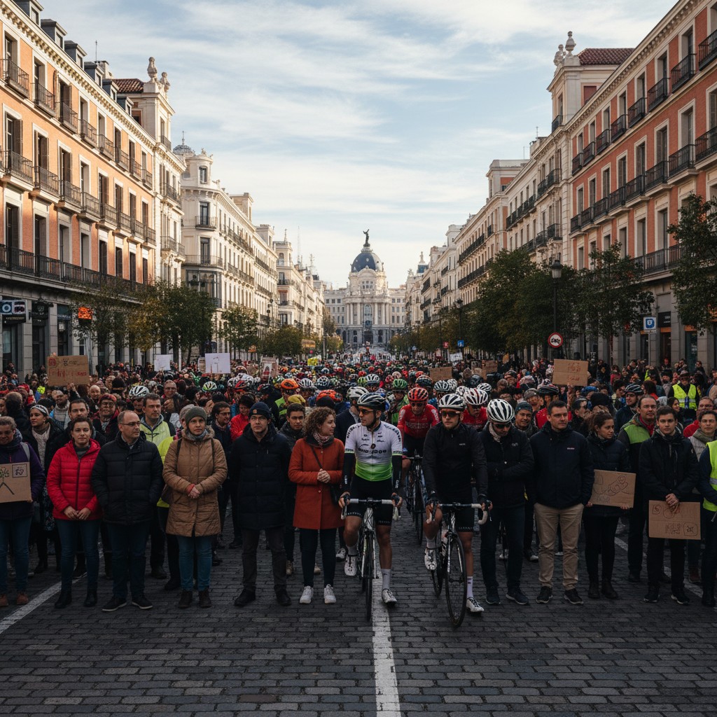 Pro-Palestinian protesters demonstrating in a European city street, disrupting a cycling race with banners and flags.