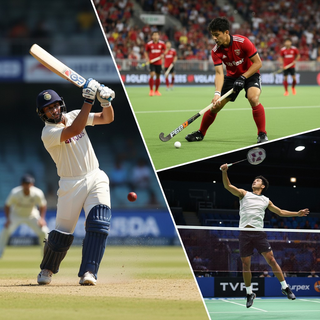 A collage showing action from a cricket match, a field hockey game, and a badminton tournament, representing the diverse sports news of the day.