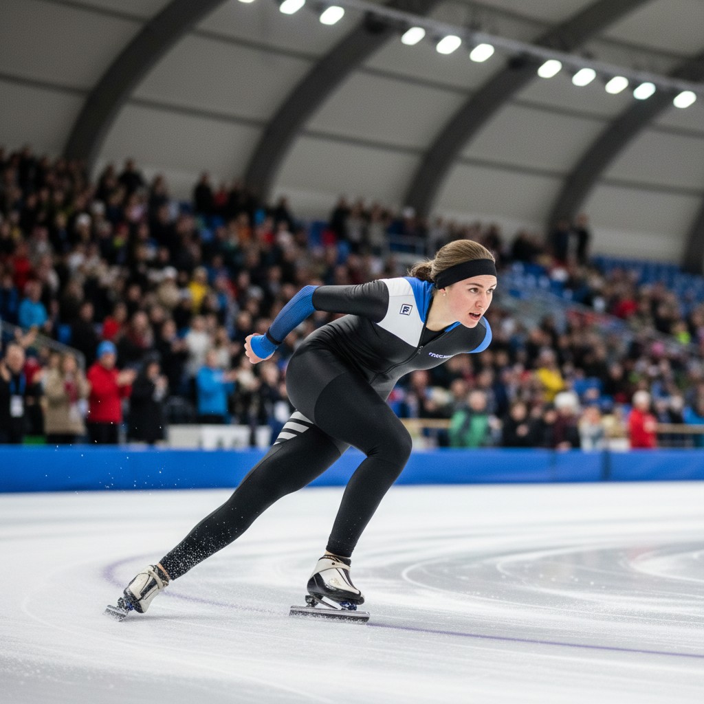 Female speed skater winning gold medal at World Cup event on an ice rink.