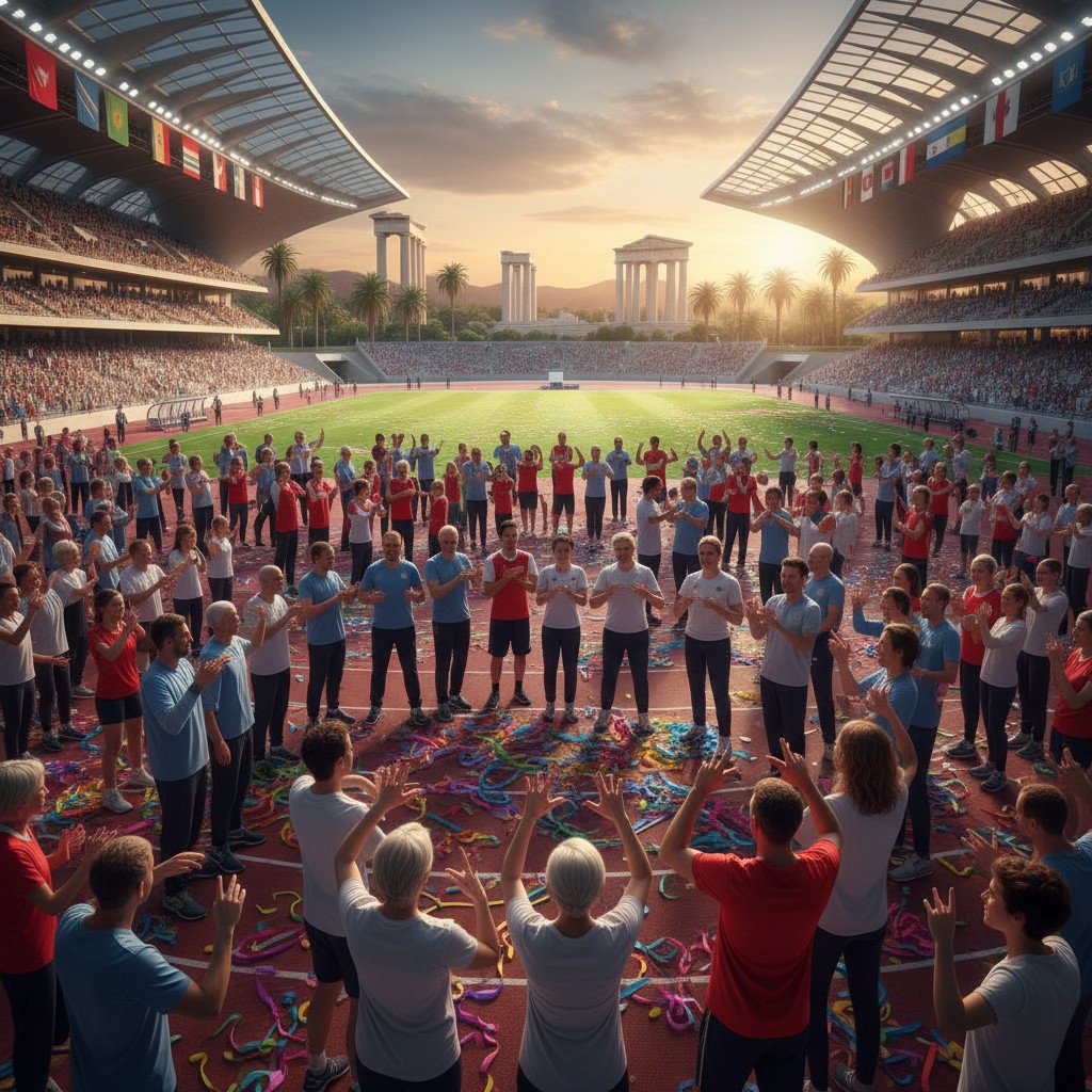 Diverse deaf athletes celebrating in a modern Athenian stadium, symbolizing unity and the spirit of the Deaflympics.