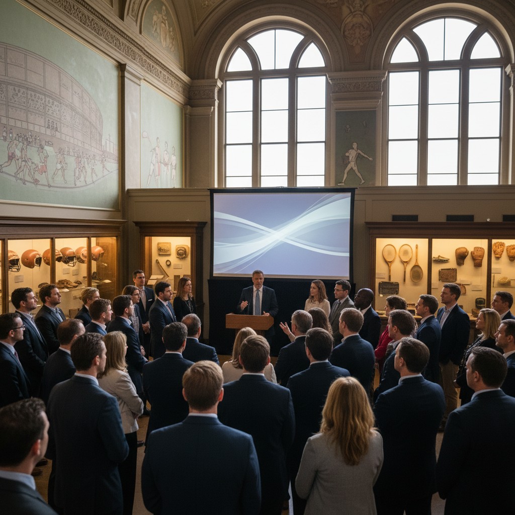 Professionals gather at the International Sports Heritage Association conference in a grand museum, surrounded by subtle sports heritage displays.