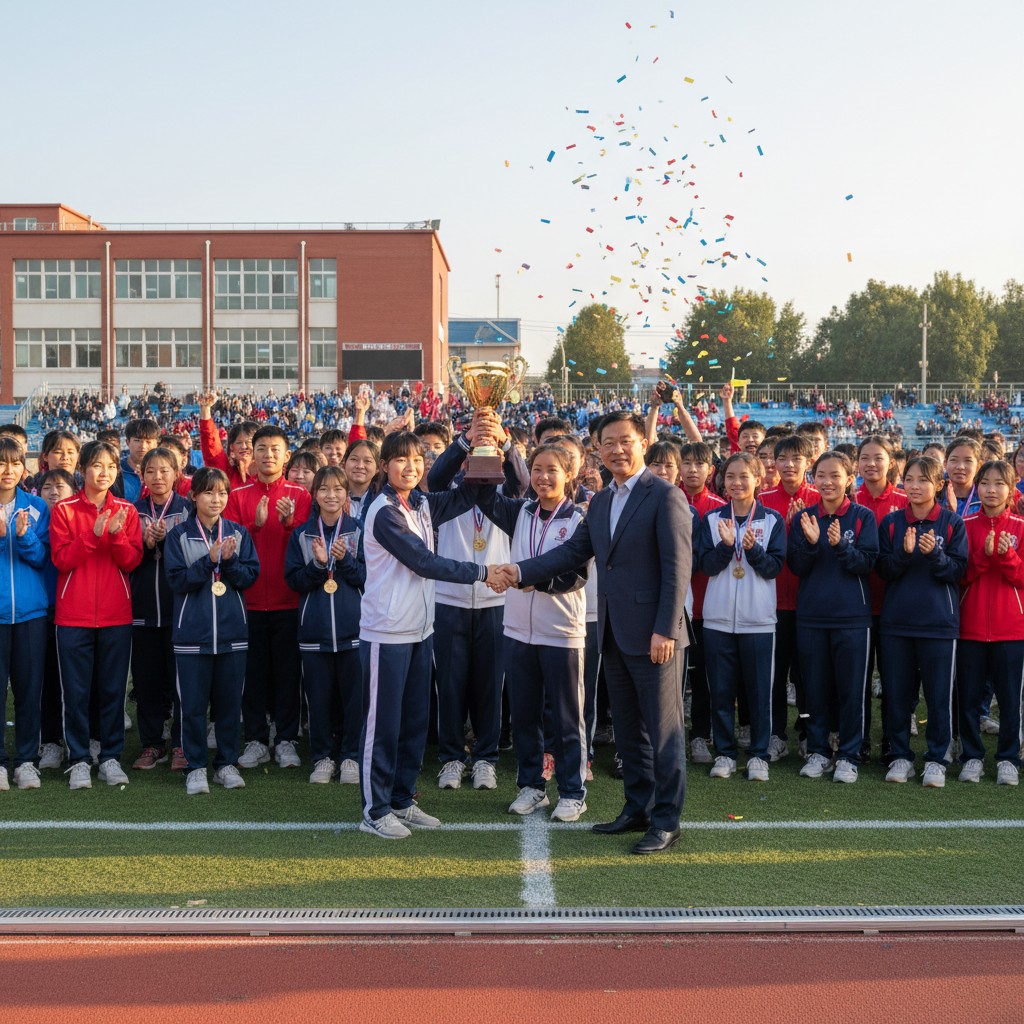 Students and officials celebrating at the closing ceremony of a school sports meet, with a trophy being awarded on a green field.