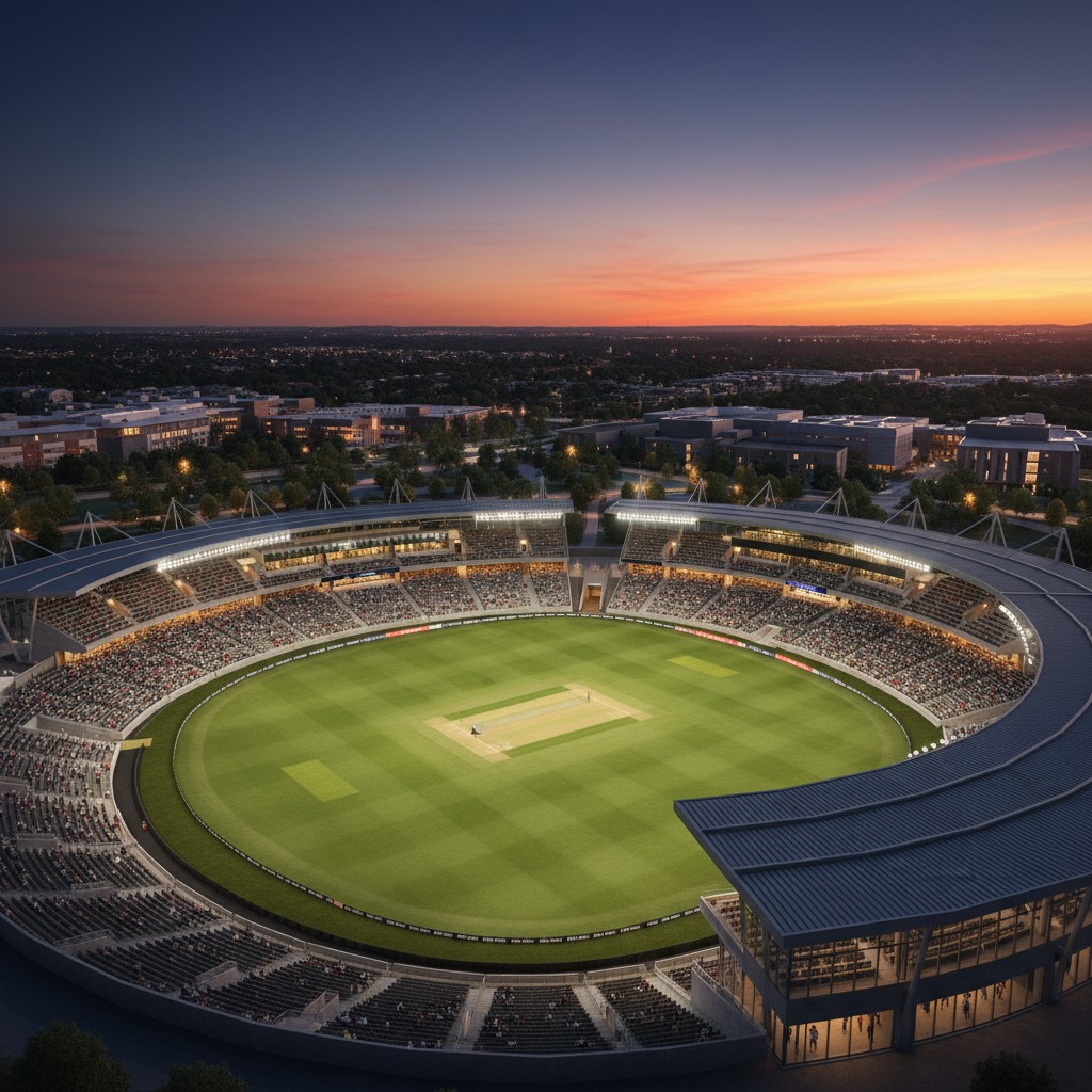A large, modern multi-sport stadium at dusk, with a cricket pitch ready for play, surrounded by stadium seating and distant campus buildings.