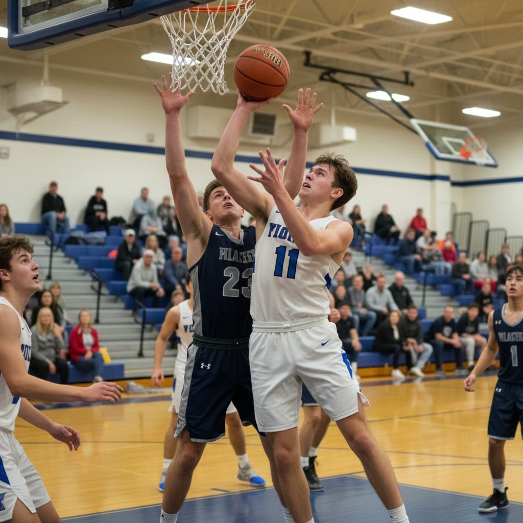 Basketball players from International Sports Academy and Grand River Academy in a close game, a player attempting a shot.