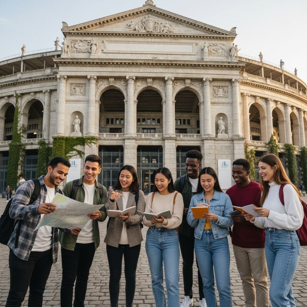 Ohio State students on a study abroad trip pose in front of a historic European sports stadium, gaining insights into the international sports industry.