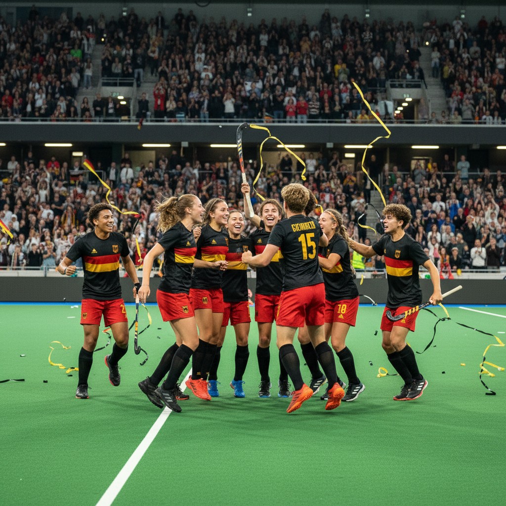 German junior field hockey players celebrate a goal on the field during the FIH Junior World Cup.